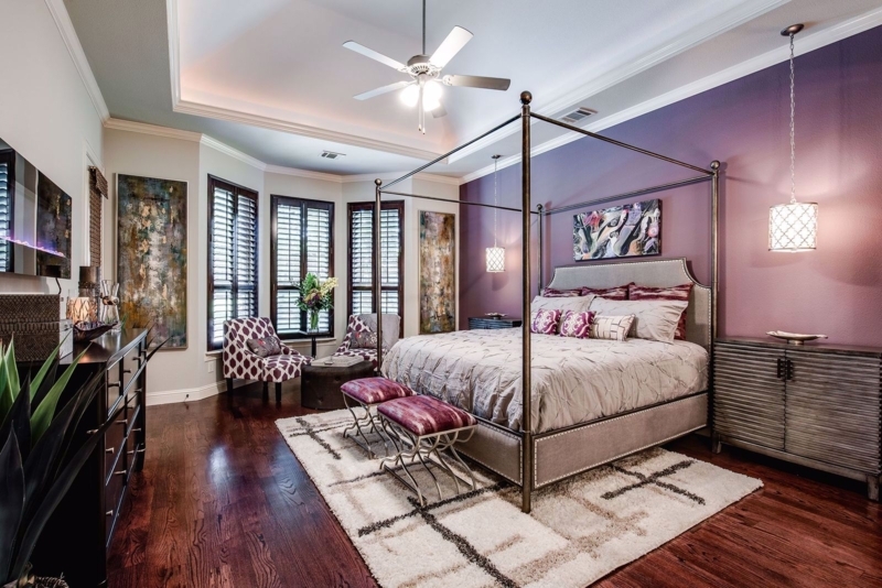 Canopy Bed, Metal Frame, Sophisticated Purple Bedroom Accent Wall