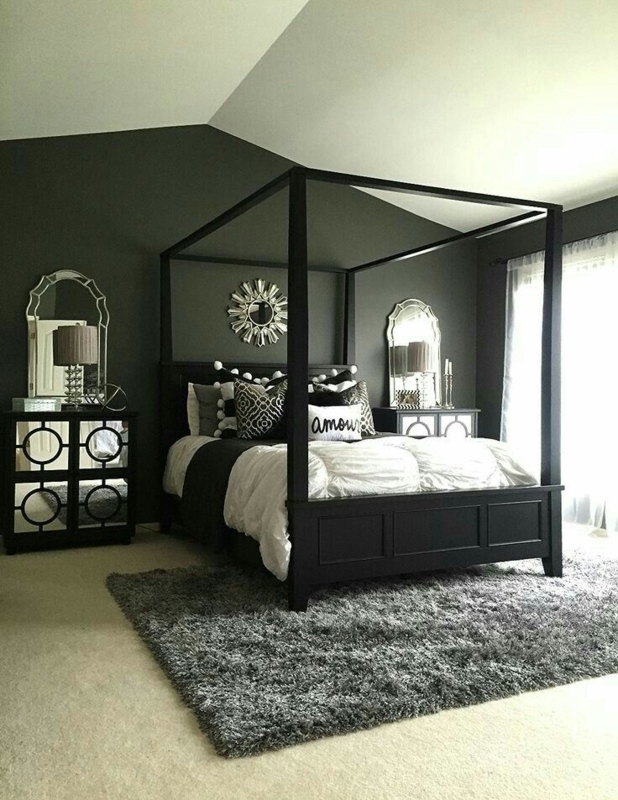Canopy Bed Mirrored Nightstands Shag Area Rug Glam Black Frame