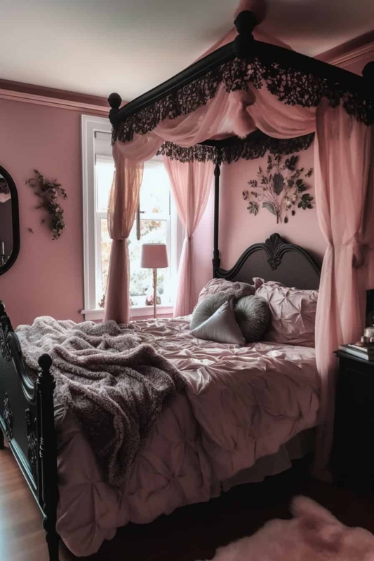 Canopy Bed: Pink Pintuck Comforter Black Lace Trim Pastel Goth Decor