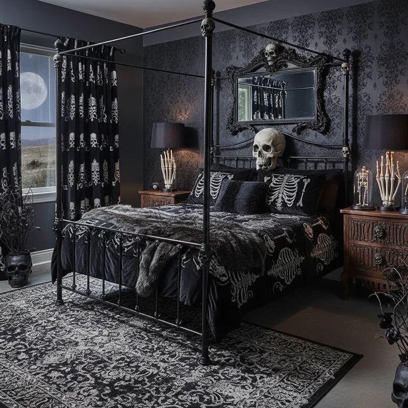 Canopy Bed: Skull Finials & Damask Wallpaper Moody Skull Themed Design