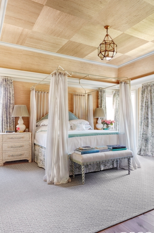 Canopy Bed with Checkerboard Grasscloth Ceiling and Sheer Drapes