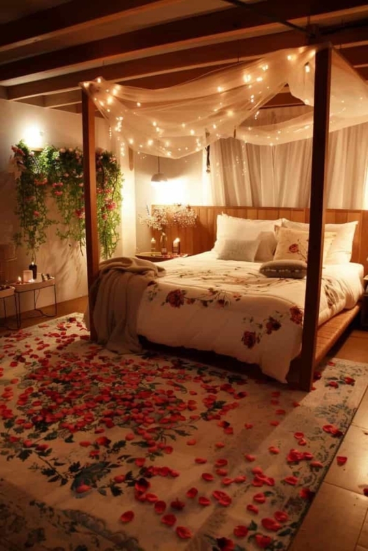 Canopy Bed with String Lights and Rose Petal Floor Decor Ideas