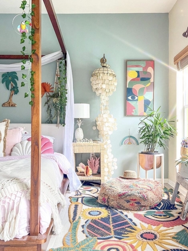 Capiz Shell Chandelier in a Tropical Maximalist Bedroom with Canopy Bed