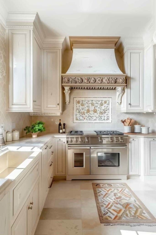 Carved Range Hood with Floral Backsplash Medallion and Cream Cabinetry