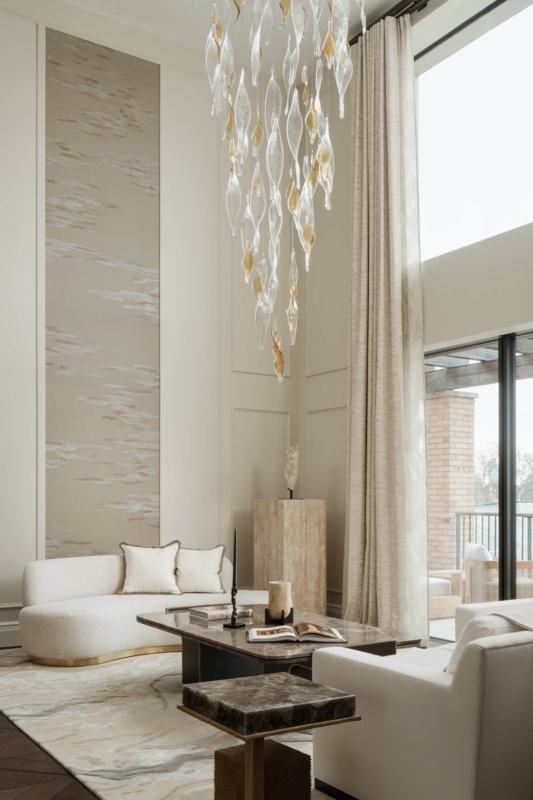 Cascading Glass Drop Chandelier and Curved Boucle Sofa Styling