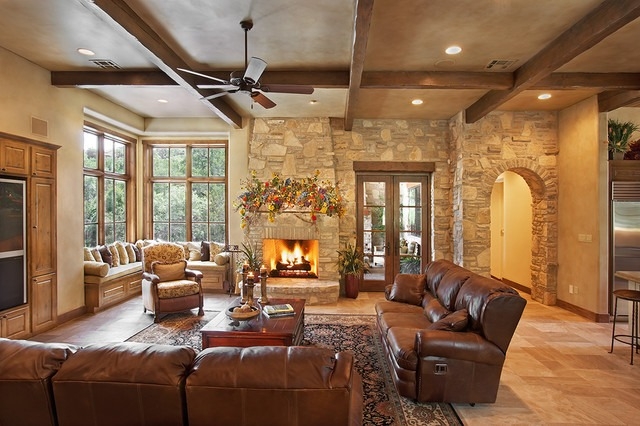 Cattle Ranch Living Room with Heavy Beams and Built-in Window Seat