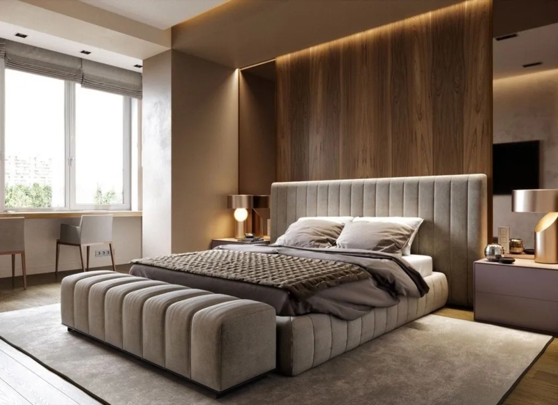 Channel Tufted Bed with Matching Bench and Integrated Wall Lighting