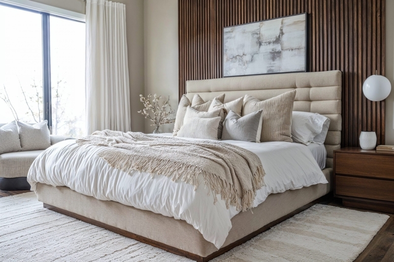 Channel Tufted Upholstered Bed against Wood Slat Accent Wall