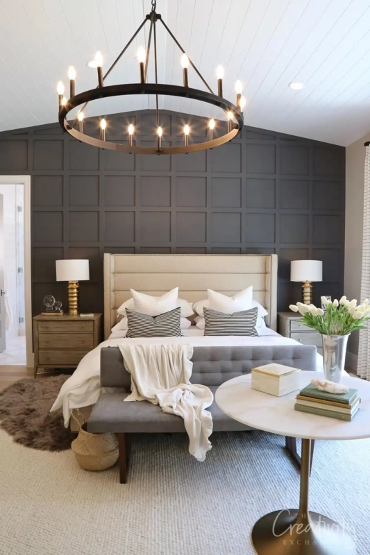 Channeled Bed with Wagon Wheel Chandelier | Dark Gray Board and Batten