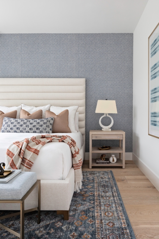 Channeled Headboard Bed in Transitional Bedroom with Blue Wallpaper