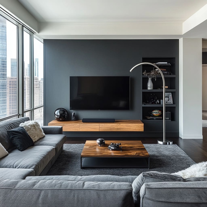 Charcoal Accent Wall Design in Minimalist Living Room with City View