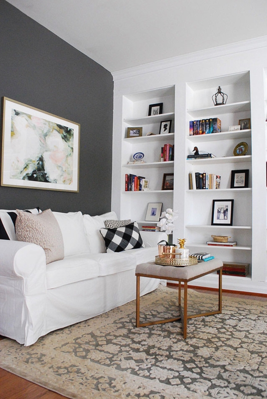 Charcoal Accent Wall Living Room with Built-in Shelving and Sofa