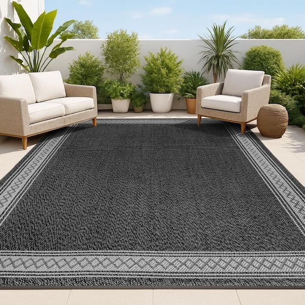 Charcoal Area Rug Diamond Border Design Indoor-Outdoor