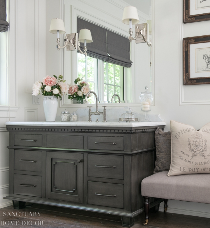 Charcoal Bathroom Vanity with Marble Top and Polished Nickel Bridge Faucet