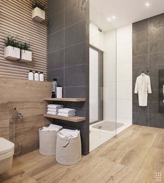 Charcoal Bathroom with Slatted Wood Wall Accents and Glass Shower