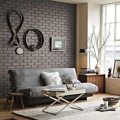 Charcoal Brick Wall Decor with Futon & Tray Top Table