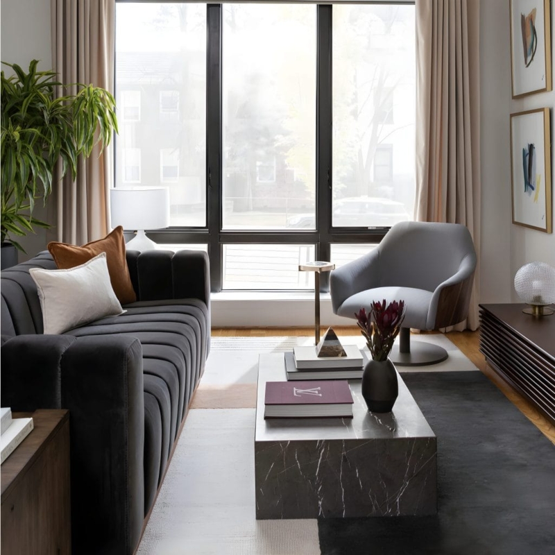 Charcoal Channel Tufted Sofa Styling in Modern Masculine Living Room