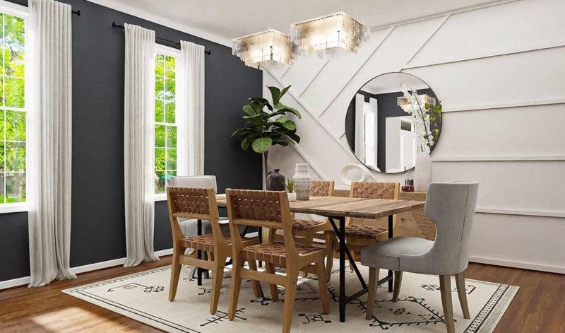 Charcoal Dining Room Accent Wall with Geometric Panel Details