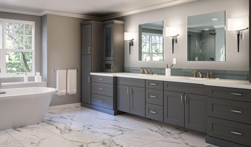 Charcoal Double Vanity with Marble Floors & Freestanding Tub