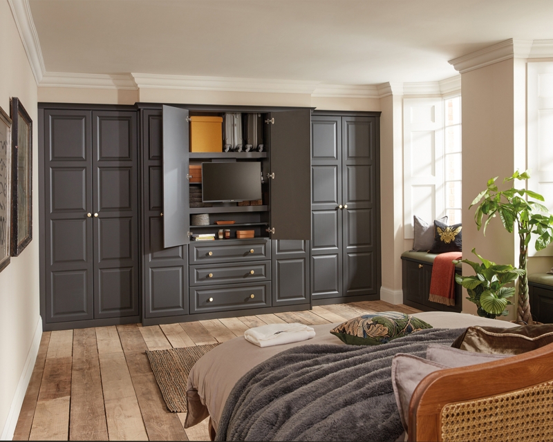 Charcoal Gray Built-in Wardrobe with Shaker Panels and Window Seat