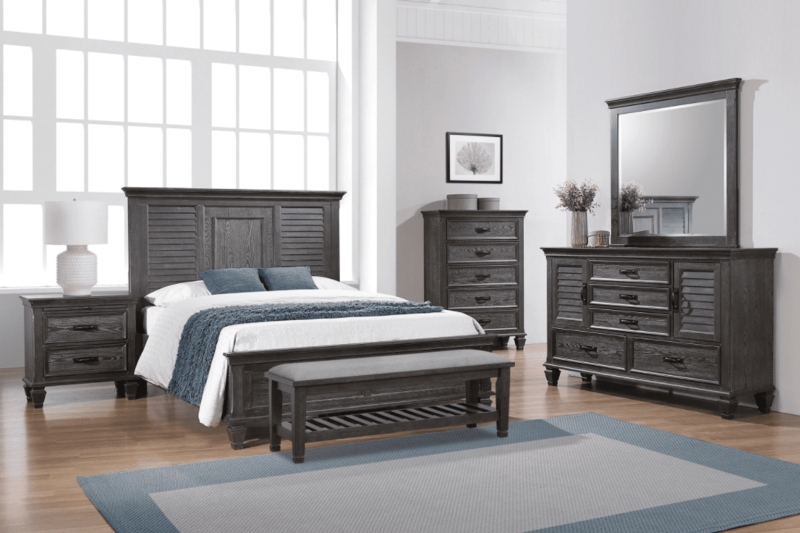 Charcoal Gray Wood Bench with Slatted Storage Shelf