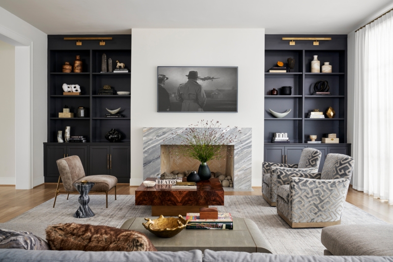 Charcoal Grey Built-In Shelving with Marble Fireplace Focal Point