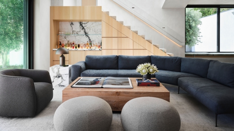 Charcoal Sectional Sofa Layout near Under Stair Bar Design and Window