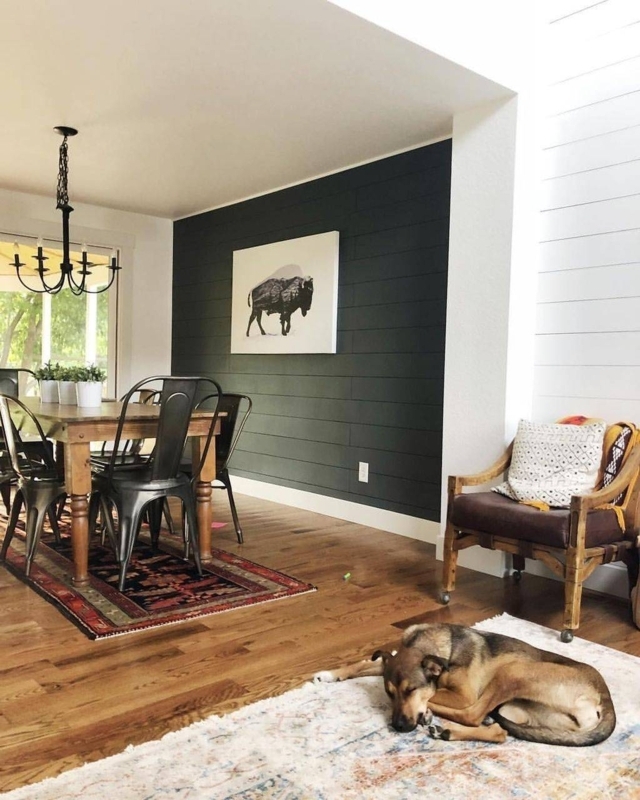 Charcoal Shiplap Accent Wall with Bison Wall Art and Mixed Textures