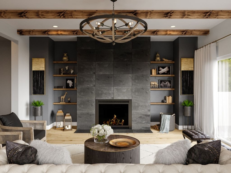 Charcoal Stone Fireplace With Exposed Rustic Ceiling Beams