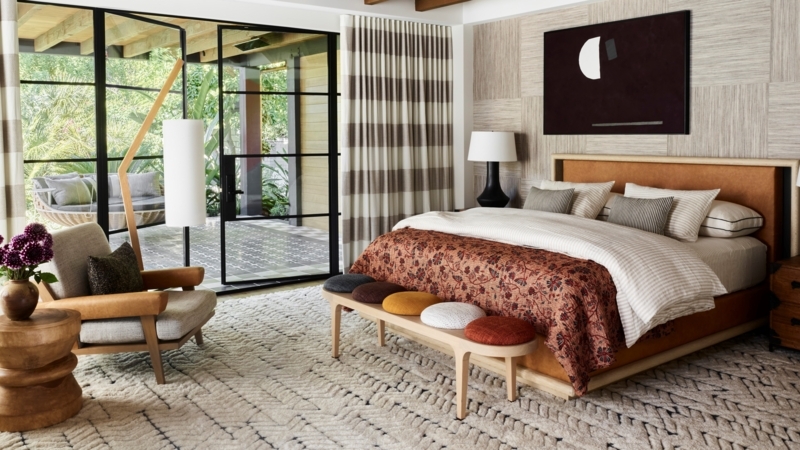 Chevron Textured Rug in Modern Organic Bedroom with Terracotta Accents