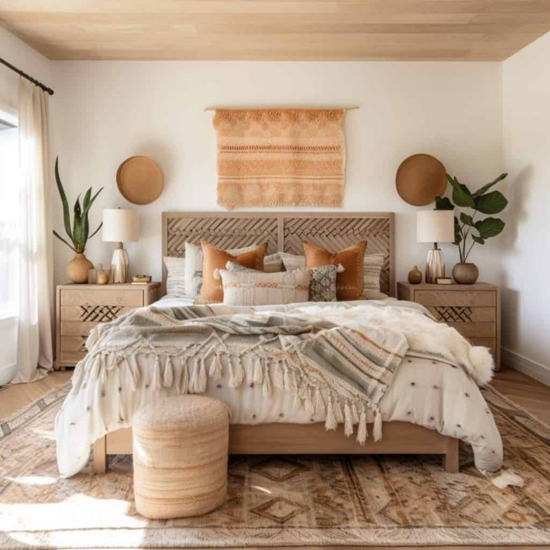 Chevron Wood Bed with Tasseled Throw and Plank Ceiling