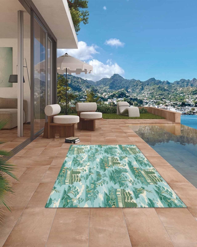 Chinoiserie Area Rug Sage Green Landscape Print Scenic Patio