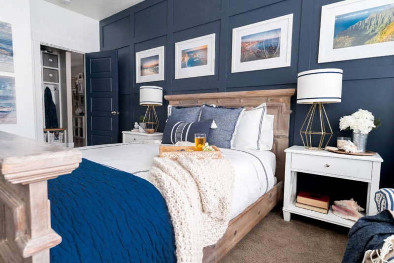 Chunky Knit Throw Bed Decor in Coastal Navy Board and Batten Bedroom