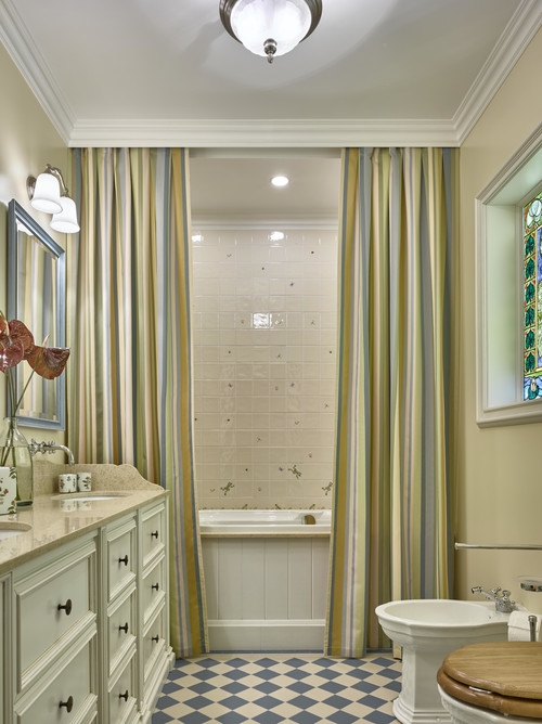 Classic Bathroom Design: Stained Glass Window & Striped Curtains