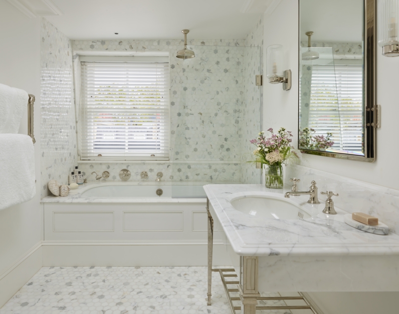Classic Bathroom Hexagonal Wall Tiles, Console Vanity. Classic White Vanity.