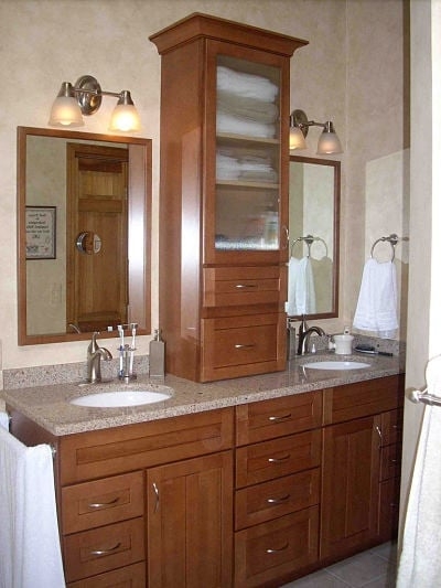 Classic Warm Wood Double Vanity with Integrated Glass Front Linen Tower