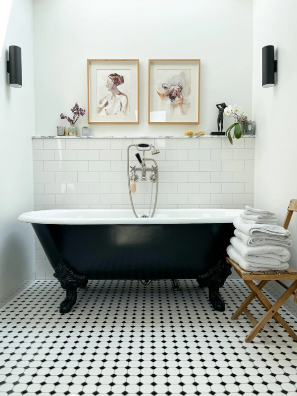 Clawfoot Bathtub: Black Tub, Octagonal Dot Floor, Art Above Bathtub