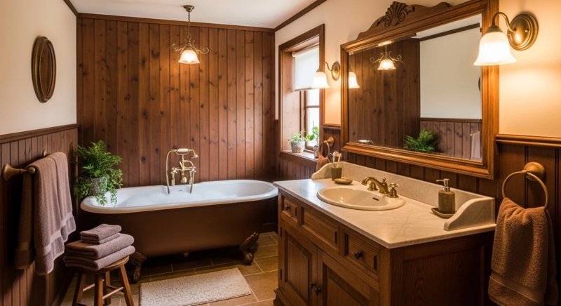 Clawfoot Bathtub in Rustic Brown Bathroom with Full Wood Paneling
