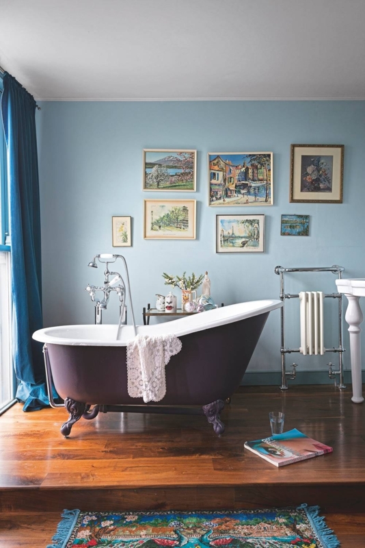 Clawfoot Bathtub: Purple Exterior Tub, Bathroom Gallery Wall, Heated Towel Radiator