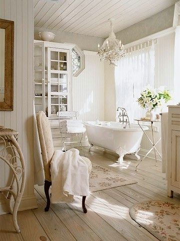 Clawfoot Bathtub with Whitewashed Beadboard and Slatted Ceiling