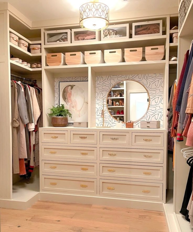 Closet Organizer System with Geometric Wallpaper Niche Accent