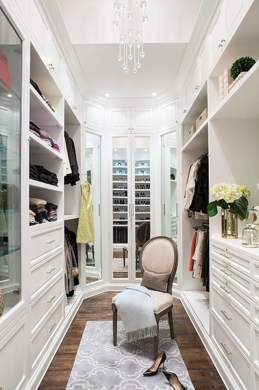 Closet System featuring Mirrored Doors and Crystal Accents for Glam Style