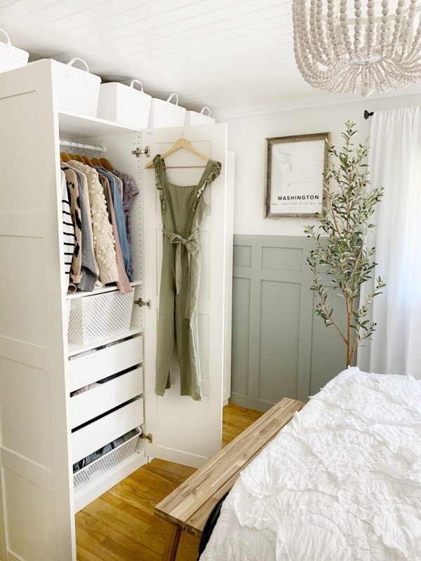 Closet System in Modern Farmhouse Style with Sage Green Wainscoting
