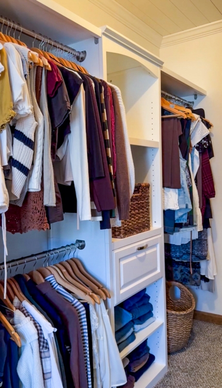 Closet System including Double Rod Layout and Woven Baskets for Storage