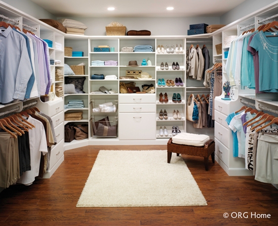 Closet System with Custom Modular Layout and Woven Ottoman Accent