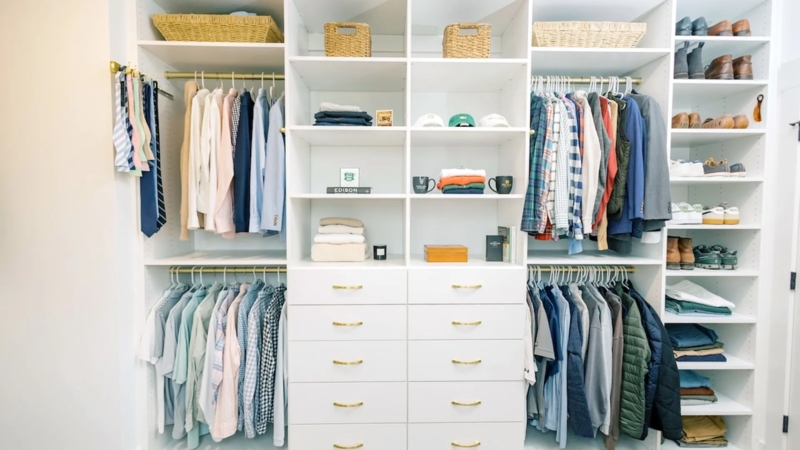 Closet System with Gold Hanging Rods and Double Stack Drawers