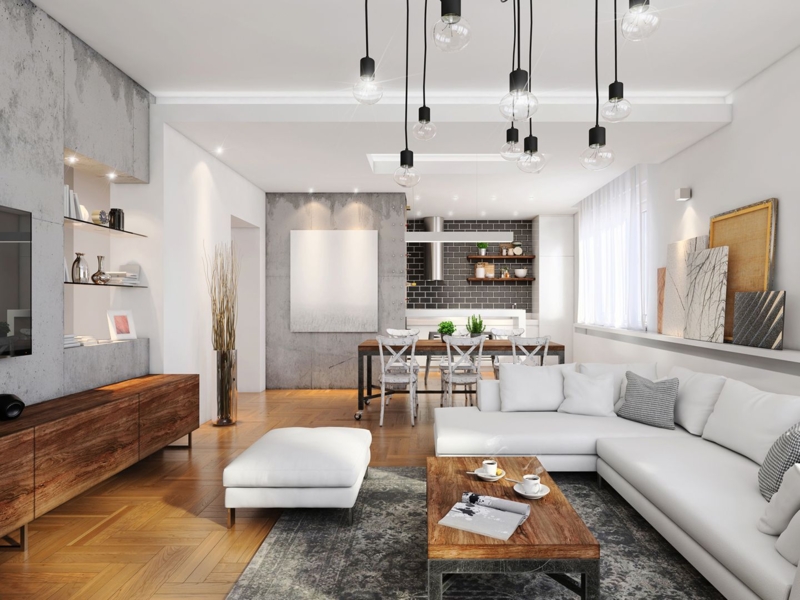 Cluster Pendant Lighting with White Sectional and Concrete Wall