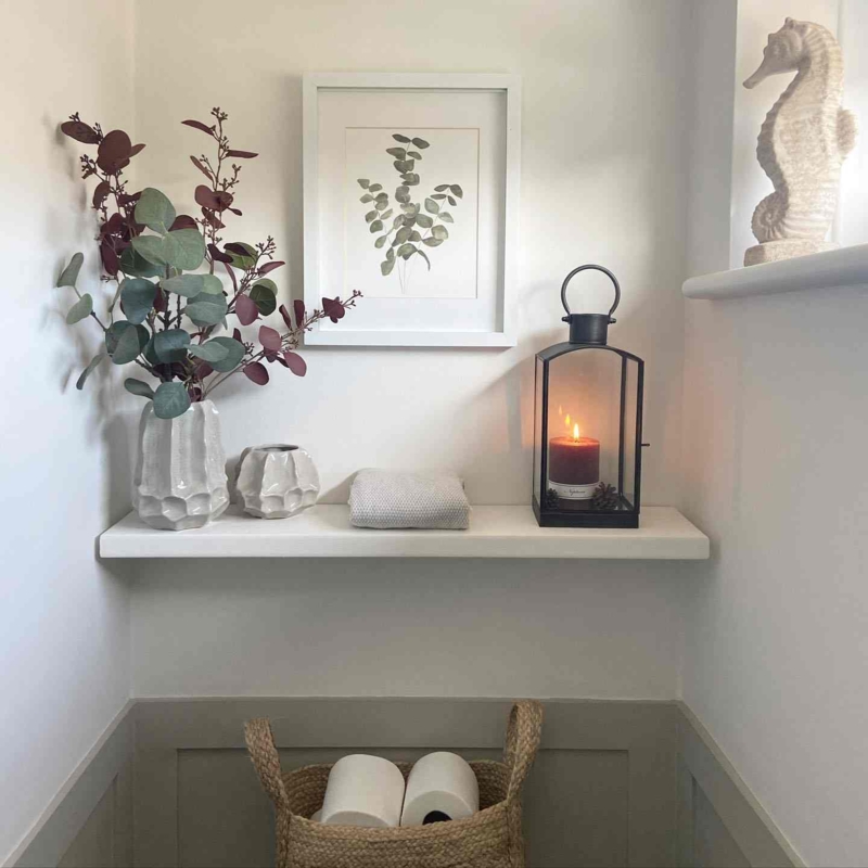 Coastal Bathroom Floating Shelf Vignette with Decorative Lantern