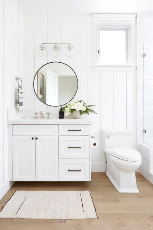 Coastal Bathroom Vanity Vertical Shiplap, Round Mirror. White Bathroom Design.