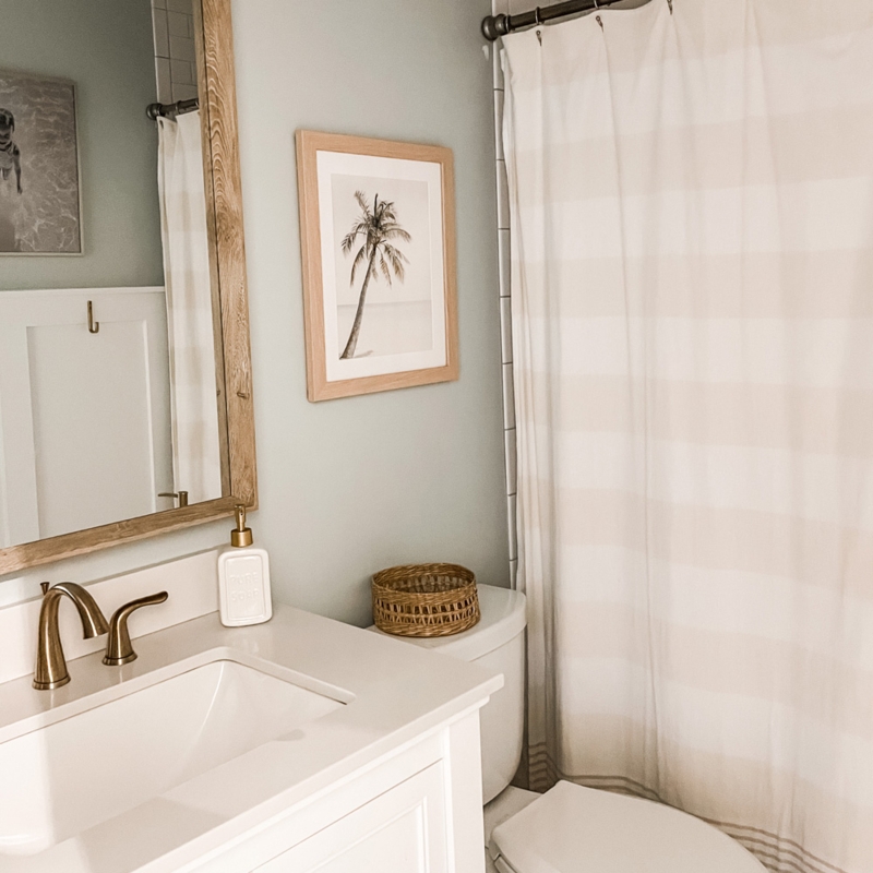 Coastal Bathroom Wall Art Featuring Framed Palm Print Design